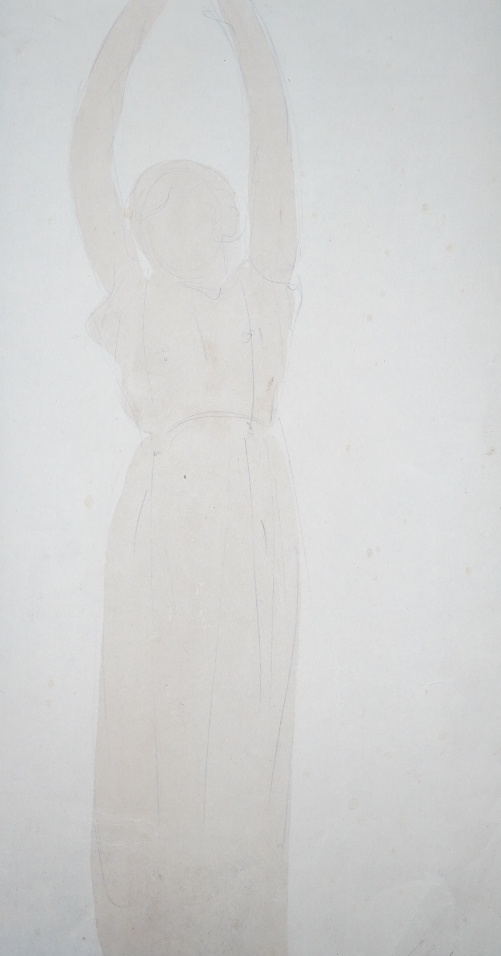 A pencil and wash on paper, Full length study of a Grecian robed woman, indistinctly signed lower right, 42 x 23cm, unframed. Condition - fair, some spots of foxing